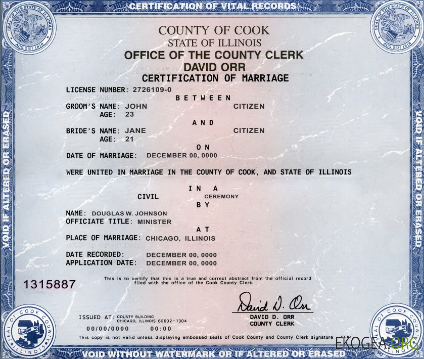 Modèle de certificat de mariage de l'État de l'Illinois aux États Unis au format PSD